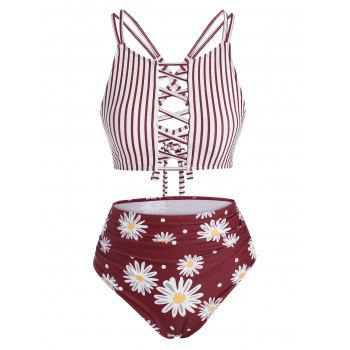 

Lattice Criss Cross Stripes Daisy Print Tankini Swimwear, Deep red