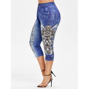 

Plus Size 3D Pattern Stretchy High Rise Cropped Jeggings, Deep blue