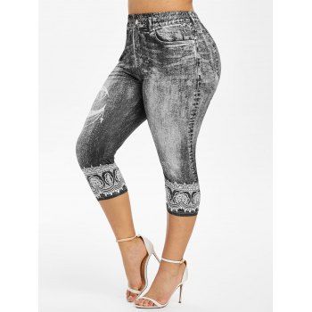 

Plus Size Ethnic 3D Print Cropped Jeggings, Black
