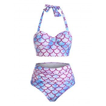 

Fish Scale Print Halter Bustier Tankini Swimwear, Light purple