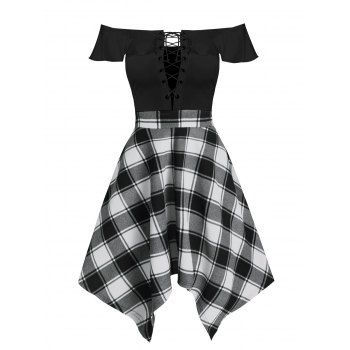 

Handkerchief Off Shoulder Lace Up Plaid Dress, Black