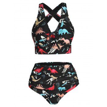 Image of Cartoon Dinosaur Print Ruched Padded Tankini Set