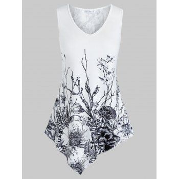 

Plus Size Asymmetric Lace Insert Floral Print Tank Top, White