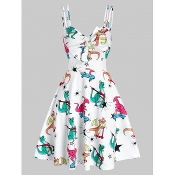 

Cartoon Dinosaur Print Bowknot Mini Cami Dress, White