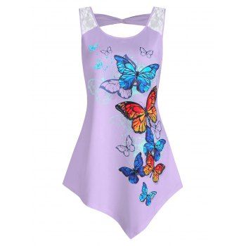 

Vacation Butterflies Print Flower Lace Panel Asymmetric Tank Top, Mauve