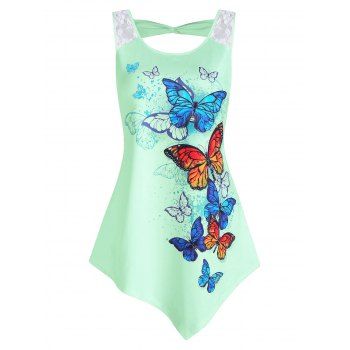 

Vacation Butterflies Print Flower Lace Panel Asymmetric Tank Top, Light green