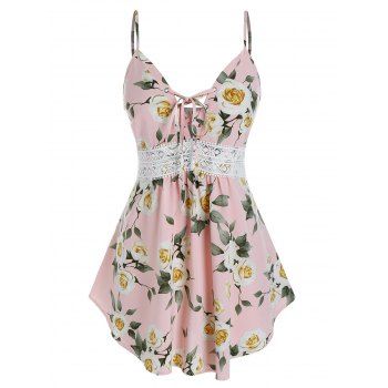 Plus Size Lace Up Floral Cami Tank Top, Light pink