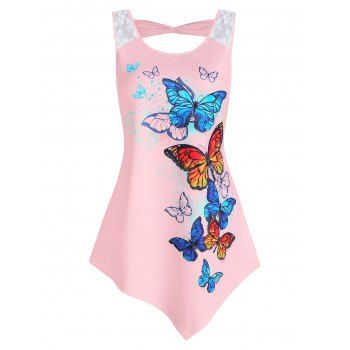 

Butterflies Print Lace Panel Asymmetric Tank Top, Light pink