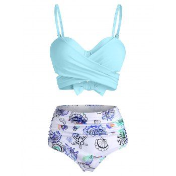 

Tummy Control Bikini Swimsuit Marine Life Swimwear Shell Crossover Tied Back Ruched Beach Bathing Suit, Light blue