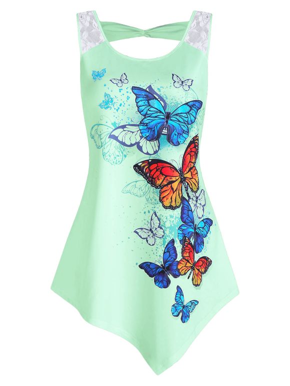 Débardeur Asymétrique à Imprimé Papillon Panneau en Dentelle de Vacances - Vert clair 3XL