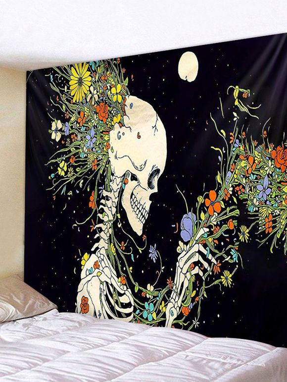 Tapisserie Murale Fleur Squelette Imprimées - Noir Profond W91 X L71 INCH