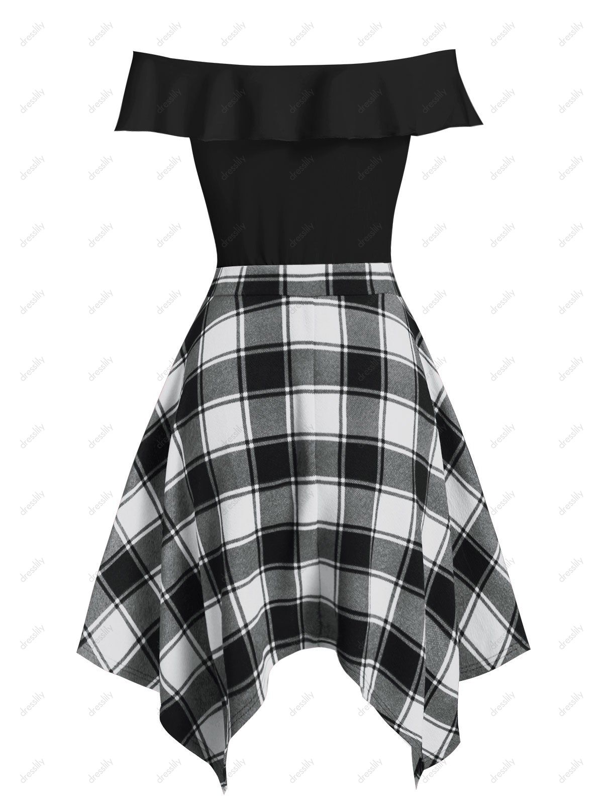 Robe Mouchoir à Carreaux Epaule Dénudée à Lacets - Noir XL