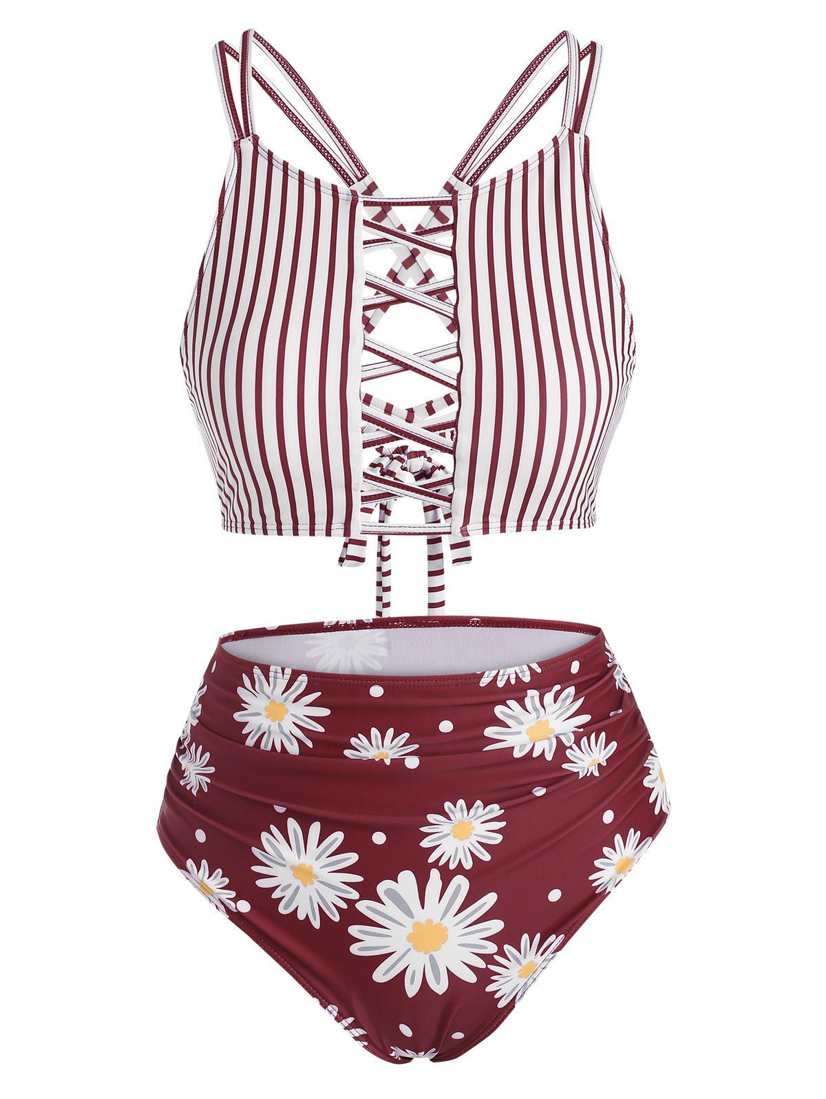 Lattice Criss Cross Stripes Daisy Print Tankini Swimwear - DEEP RED S
