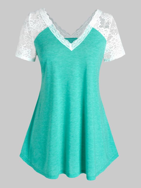 T-shirt Panneau en Dentelle de Grande Taille à Manches Raglan - Turquoise Moyenne L