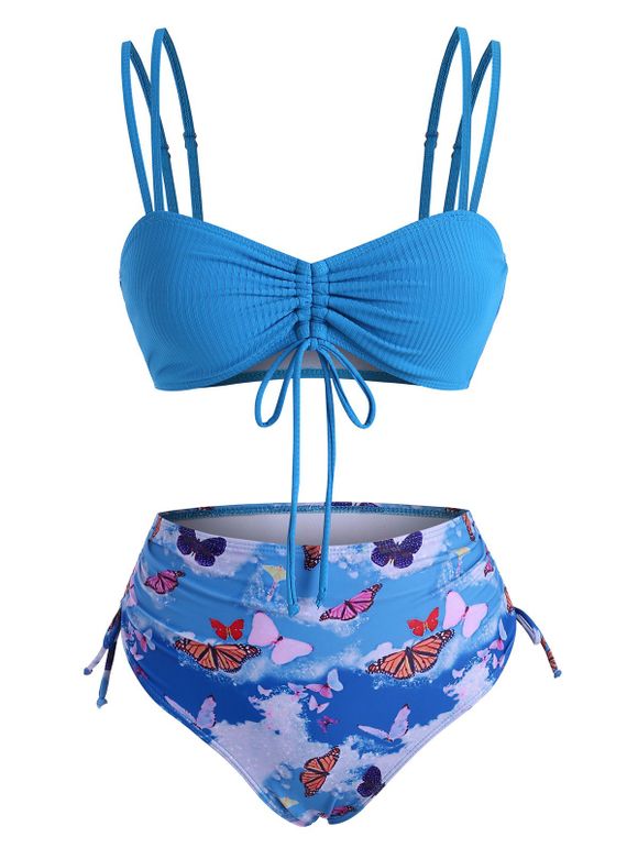 Maillot de Bain Bikini Côtelé Sanglé Imprimé Papillon - Bleu L