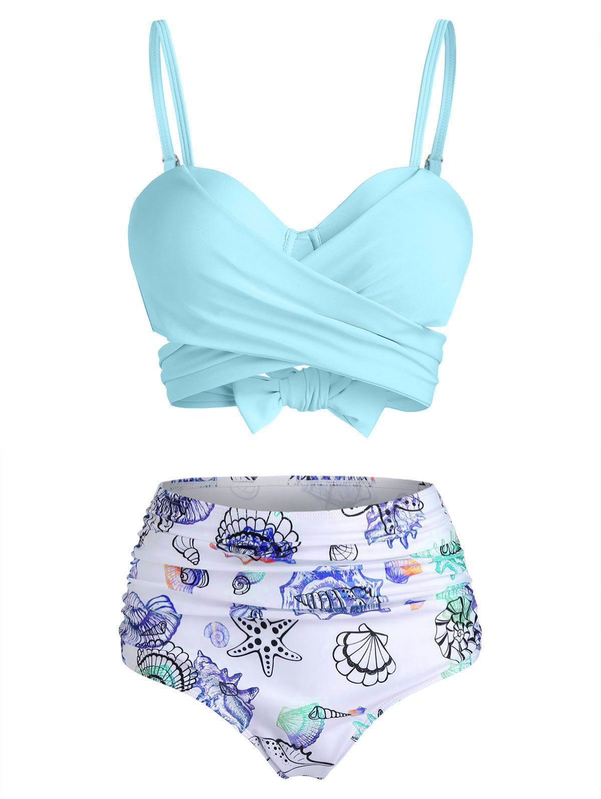 Shell Starfish Print Padded Wrap Bikini Set - LIGHT BLUE 2XL