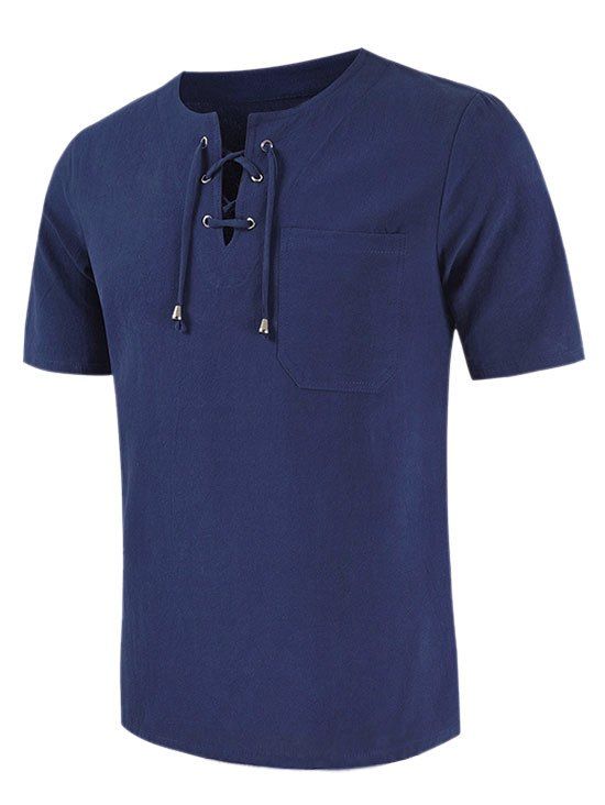 T-shirt Cranté à Manches Courtes à Lacets avec Poche - Bleu profond 3XL