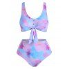 Tie Dye Bikini Swimwear Tummy Control Swimsuit Mock Button Tied Front Beach Bathing Suit - PASTEL BLUE L