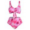 Tie Dye Bikini Swimwear Tummy Control Swimsuit Mock Button Tied Front Beach Bathing Suit - RED S