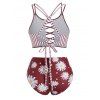 Lattice Criss Cross Stripes Daisy Print Tankini Swimwear - DEEP RED S
