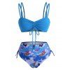 Cinched Ribbed Butterfly Print Bikini Swimwear - BLUE L