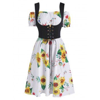 

Off Shoulder Sunflower Dress and Lace-up Waistcoat Set, White