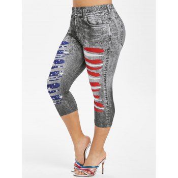 

Plus Size American Flag 3D Ripped Print Jeggings, Black