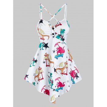 

Cartoon Dinosaur Print Pointed Hem Cami Top, White