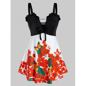 

Plus Size Flower Butterfly Print V Notch Frilled Tunic Tank Top, Multicolor