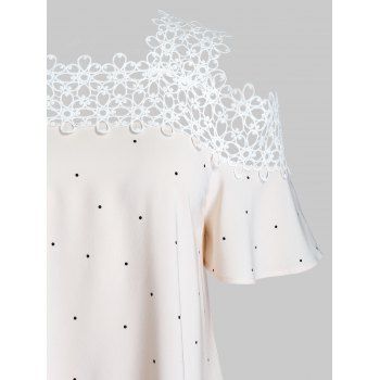 

Plus Size Flower Print Open Shoulder Openwork Panel Tee, Deep peach