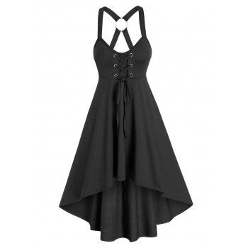 

Plain Lace Up Cami Dip Hem Dress, Black
