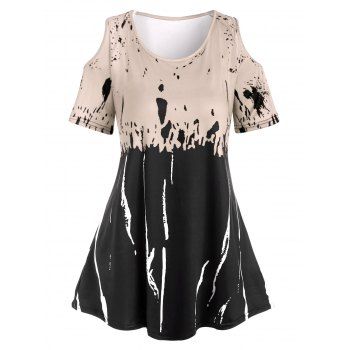 

Plus Size Cold Shoulder Spatter T Shirt, Light coffee