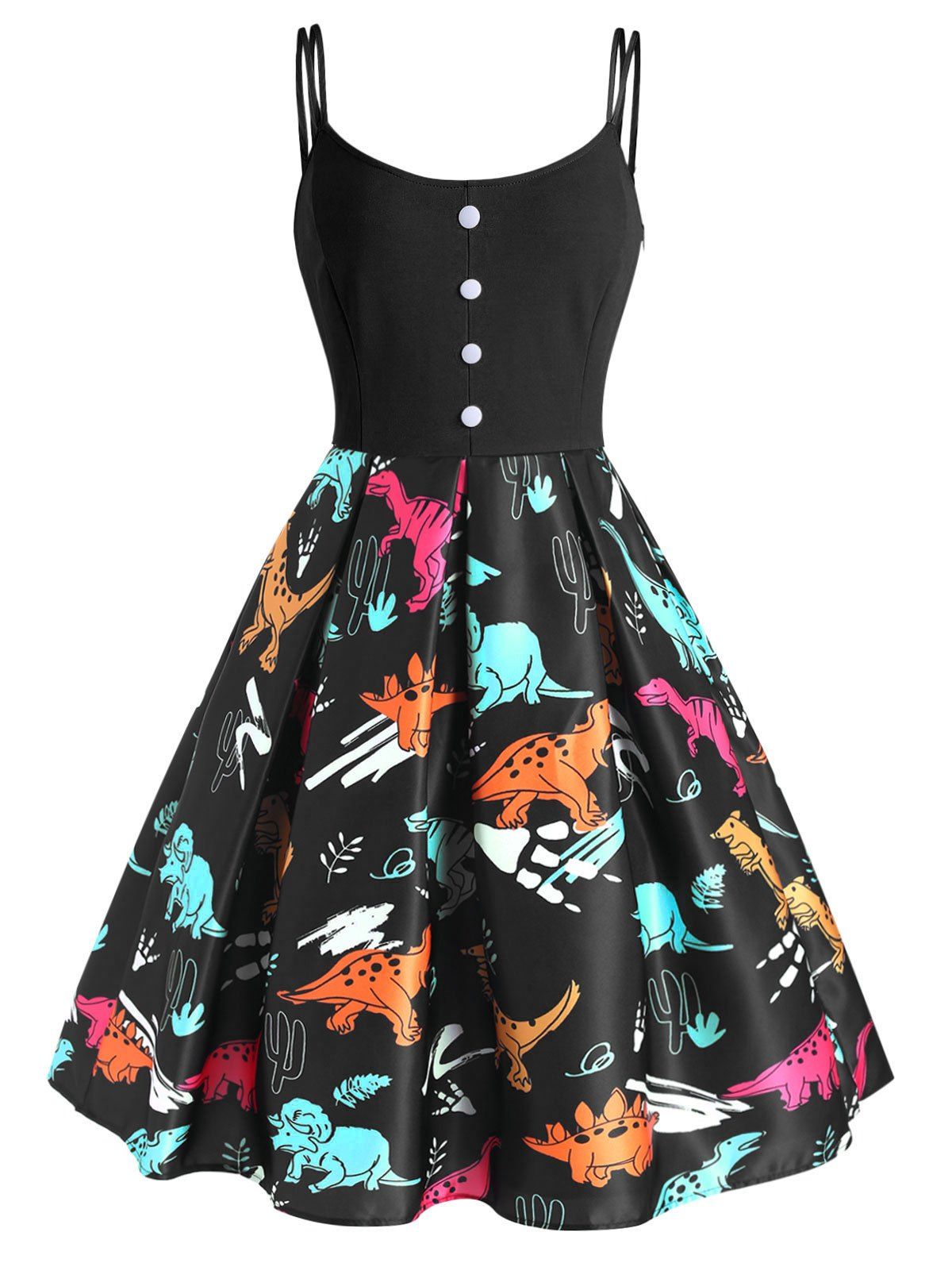 Dinosaur Print Mock Button Dual Straps Dress - BLACK M