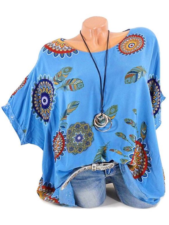 T-shirt Tribal Plume Imprimée à Manches Chauve-souris Grande Taille - Bleu 2XL