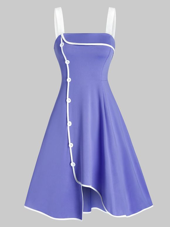 Robe Contrastée Boutonnée sans Manches avec Passepoil - Bleu Ardoise Léger XL
