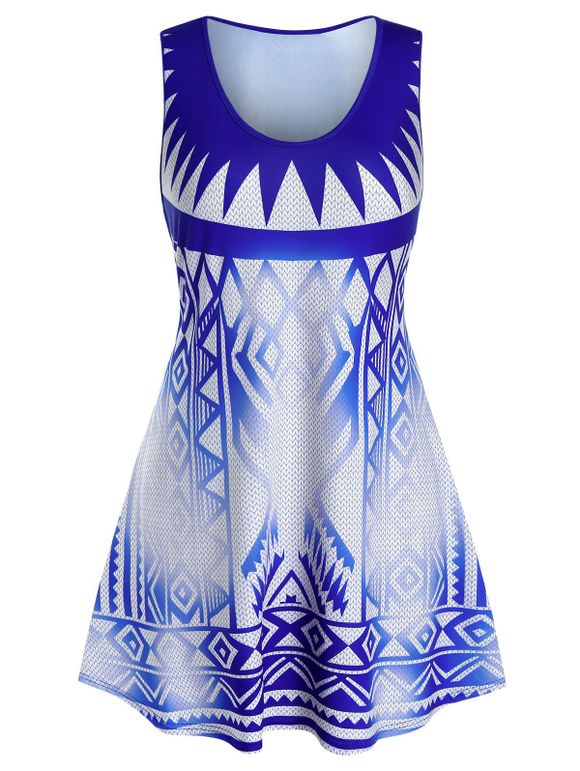 Débardeur Tunique Long Géométrique Imprimé de Grande Taille - Bleu 5X