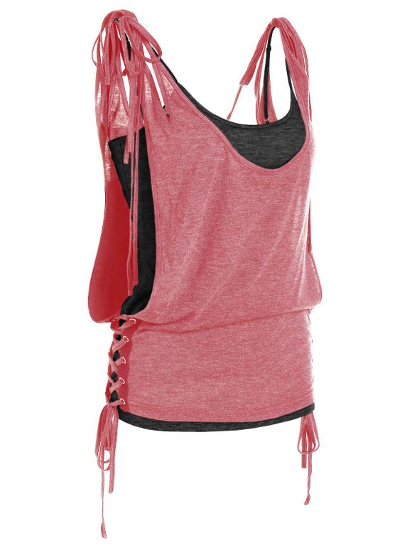 Ensemble de Haut à Epaule Nouée à Lacets et de Camisole - Rose 2XL