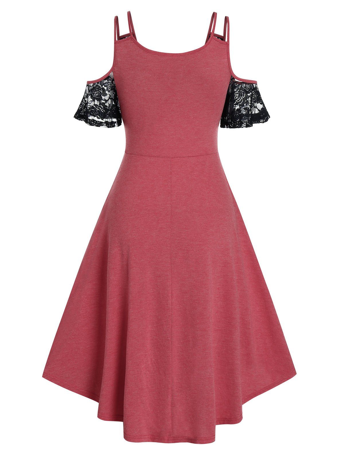 Robe Mi-Longue Haute Basse en Dentelle Insérée à Epaule Dénudée - Rouge Cerise M