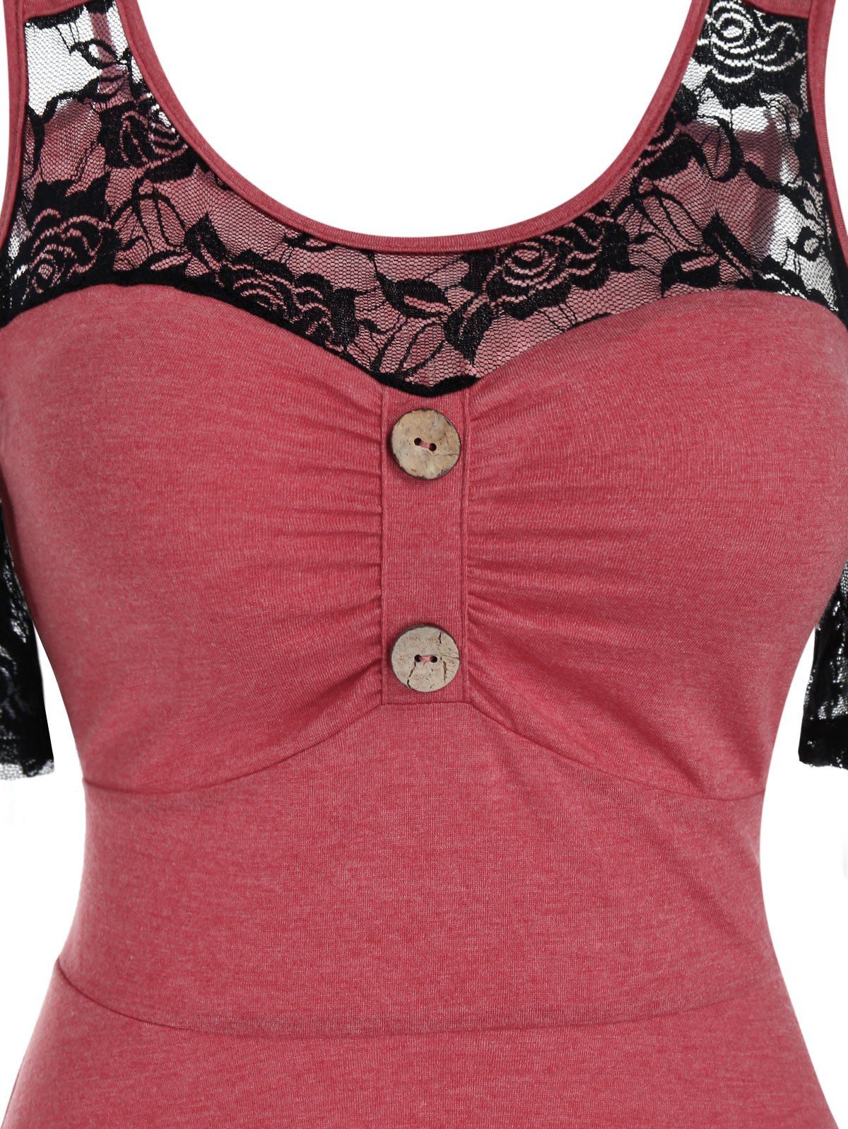 Robe Mi-Longue Haute Basse en Dentelle Insérée à Epaule Dénudée - Rouge Cerise M