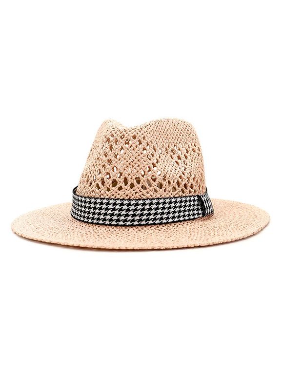 Outdoor Houndstooth Embellished Straw Hat - LIGHT PINK 