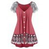 T-shirt Boutonné Fleuri Panneau en Dentelle Grande Taille - Rouge Cerise 5X