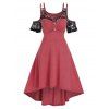 Robe Mi-Longue Haute Basse en Dentelle Insérée à Epaule Dénudée - Rouge Cerise M