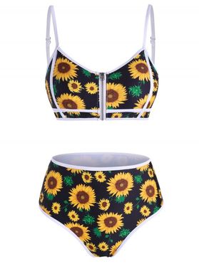 Sunflower Vacation Swimsuit Zip Up Piping High Rise Bikini Swimwear