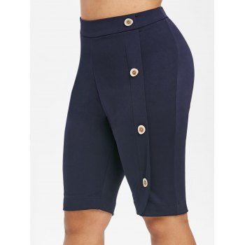 

Mock Buttons High Waisted Plus Size Knee Length Shorts, Blue