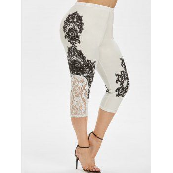 

Printed Lace Panel High Waisted Plus Size Capri Leggings, White