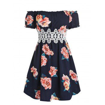 

Flower Print Lace Applique High Waist Dress, Cadetblue