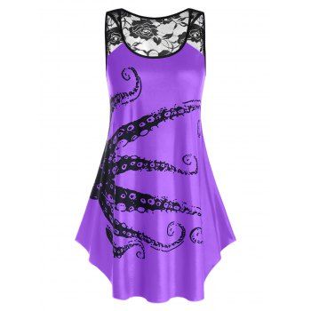 

Plus Size Octopus Print Lace Panel Racerback Long Tank Top, Purple