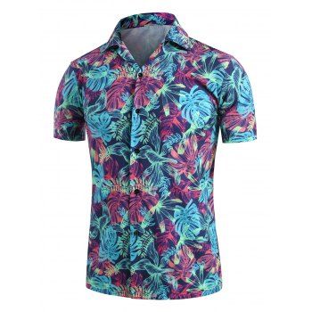 

Palm Leaves Print Camp Collar Button Up Shirt, Clover green