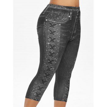 

Plus Size 3D Lace Up Jean Print Cropped Jeggings, Black