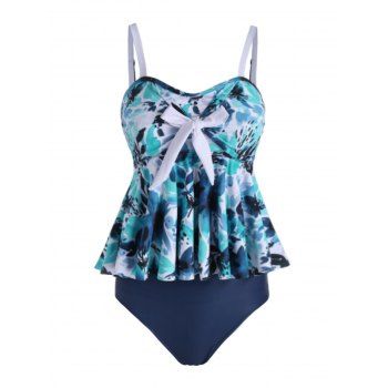 

Floral Leaf Knot Peplum Tankini Swimwear, Deep blue